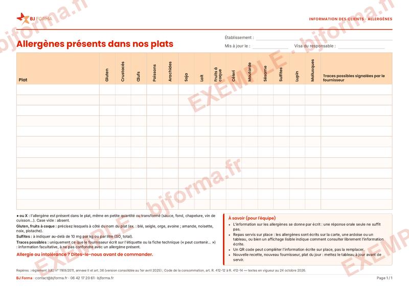 Tableau des 14 allergènes à remplir