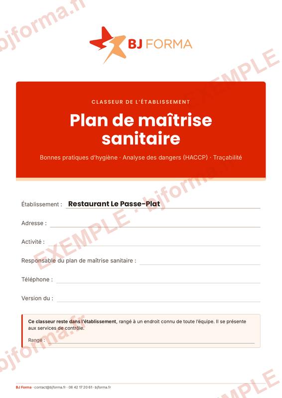 Page de garde d'un classeur de plan de maîtrise sanitaire, au nom d'un restaurant