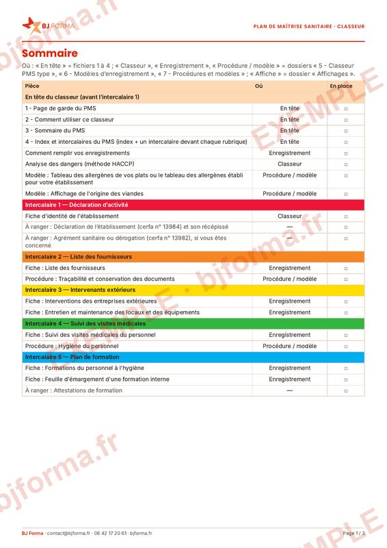 Sommaire du classeur PMS