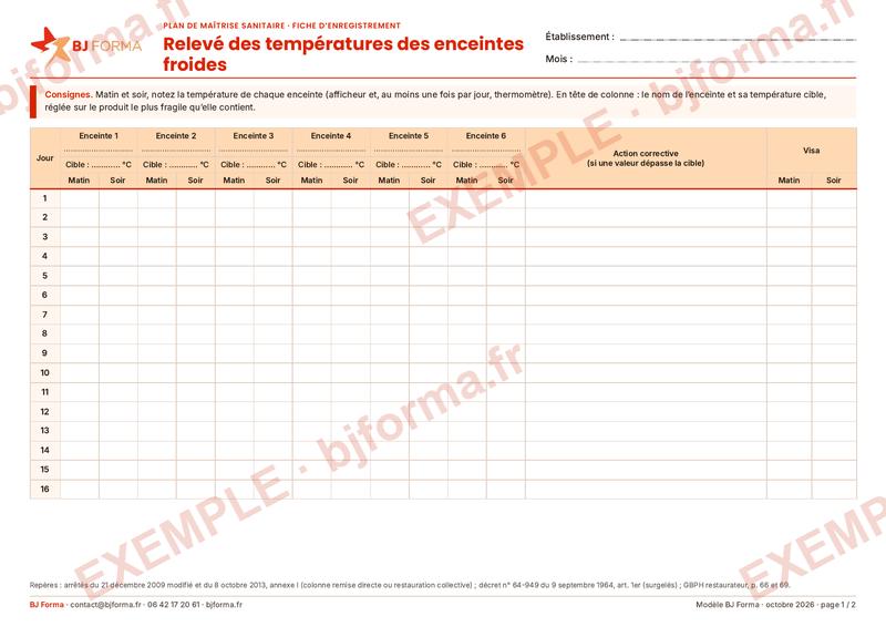 Fiche de relevé des températures des enceintes froides