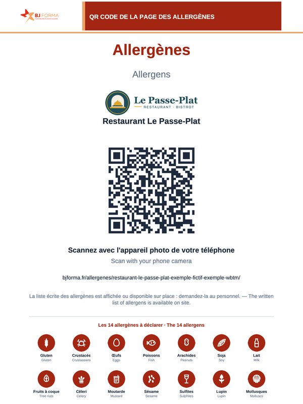 Affiche Allergènes d'un restaurant fictif, avec le QR code de sa page en ligne et les pictogrammes des 14 allergènes