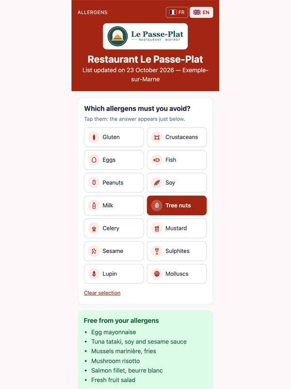 La page en ligne en anglais : allergène fruits à coque coché, liste des plats sans cet allergène
