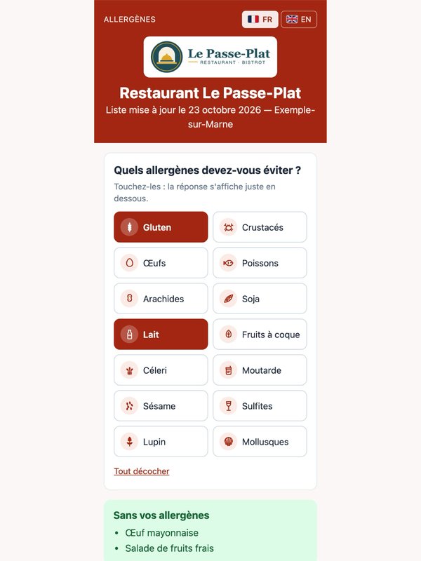 Page en ligne sur téléphone : gluten et lait cochés, liste des plats sans ces allergènes