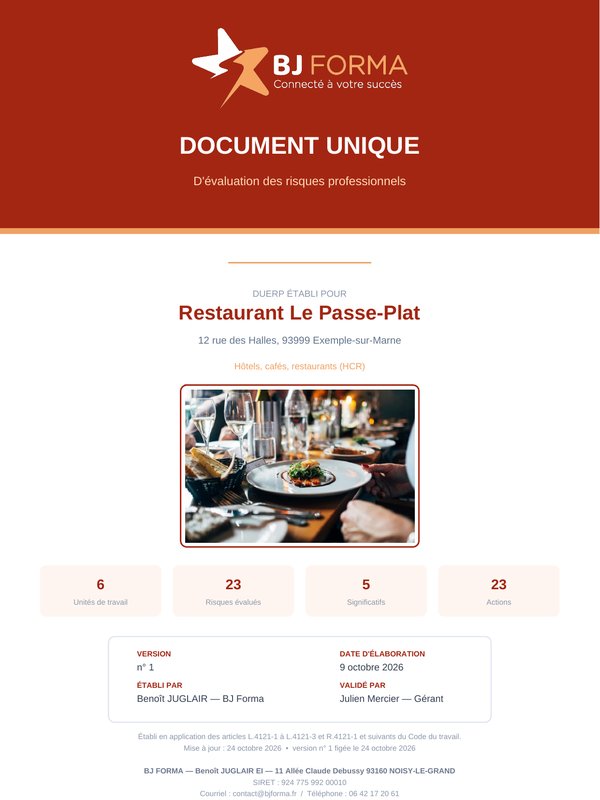 Page de garde du document unique d'un restaurant : unités de travail, risques évalués, risques significatifs et actions, version, date et validation