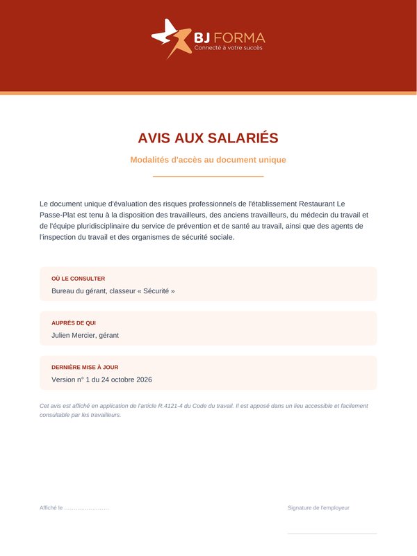 Avis aux salariés sur les modalités d'accès au document unique : où le consulter, auprès de qui, dernière mise à jour