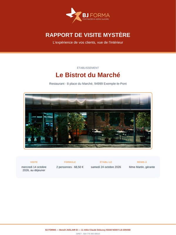 Page de garde d'un rapport de visite mystère : nom du restaurant, photo de la façade, date et moment de la visite, formule consommée, date du rapport et destinataire