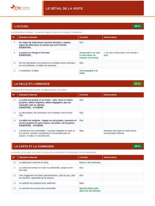 Détail de la visite : thèmes de l'accueil, de la salle et de l'ambiance, de la carte et de la commande, avec pour chaque point le standard attendu, le constat et une observation